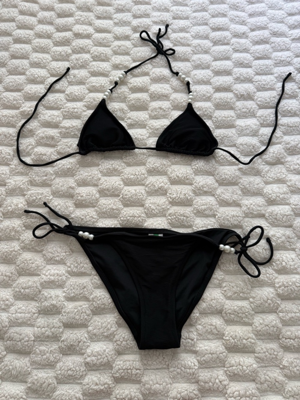 Jcrew Black Triangle String Bikini with Pearl Accents - Women Swim